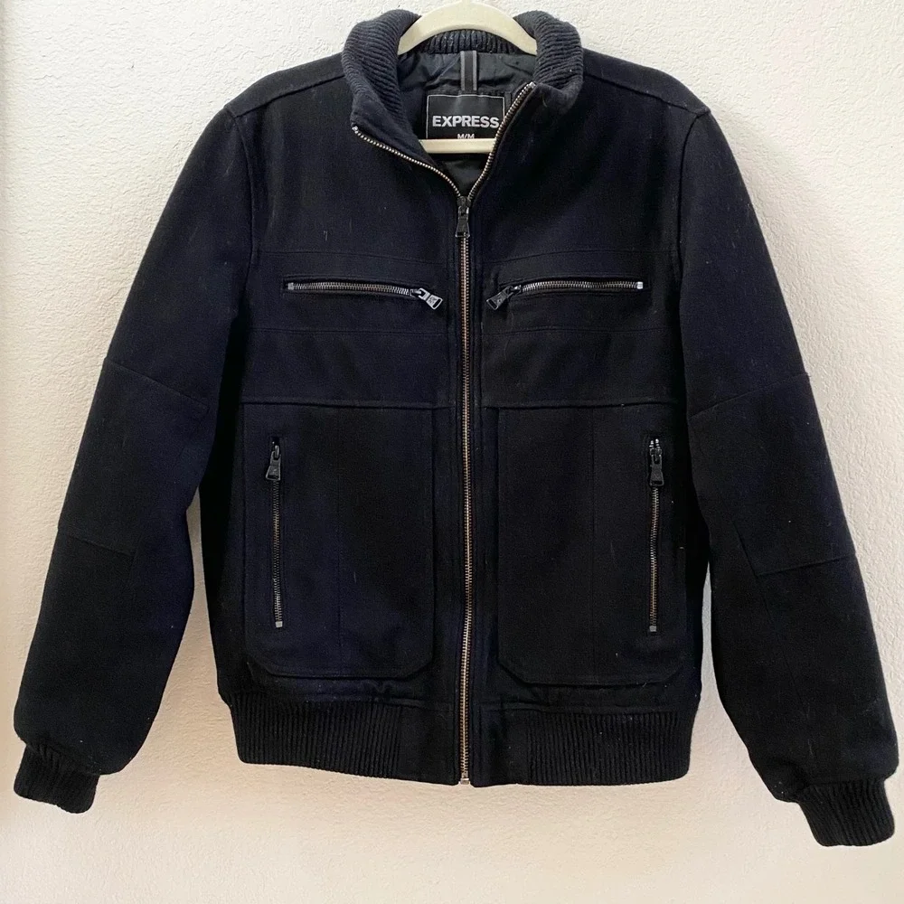 EXPRESS Mens Bomber Jacket‎ Black Wool Blend Zip Front Pockets M Medium